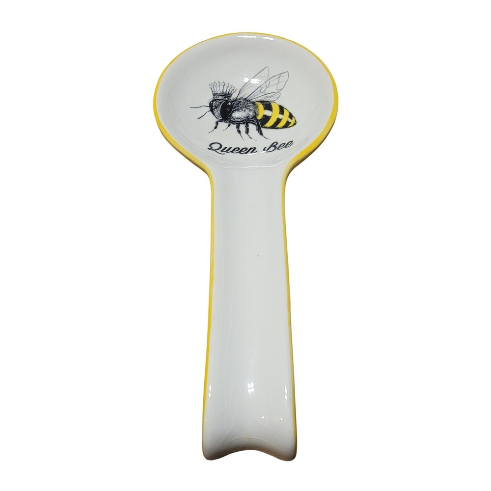 Home Essentials Queen Bee Ceramic Spoon Rest Yellow White Crowned Bumblebee